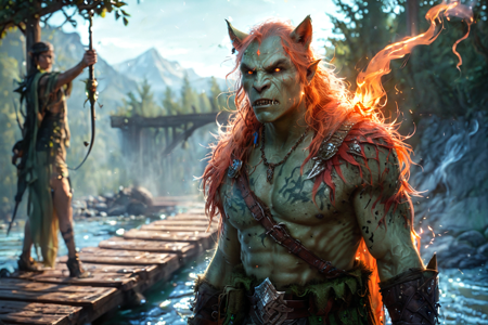 bioluminescent, an orc beastmaster with green skin, wearing a fur vest, holding a whip, with a wolf companion, solo, from the Ironjaw Clan, with iron armor pieces and black tattoos, an orc river crossing with a wooden bridge, flowing water, orcs guarding, detailed background, throwing a spear, aiming at a target, alert, eyes scanning, environment focus, wide shot, a scouting mission with orcs tracking, hiding in bushes, examining tracks, a fishing spear, nearby, on a wooden platform, creaking boards, sunny, bright sunlight, clear skies, warm glow, early evening, soft orange glow, first stars appearing, cooling air, best quality, vibrant colors, photorealistic style, high detail, high-definition, hyper-realistic, extremely high-resolution details, fine texture, incredibly lifelike, realistic, not cartoon, not drawing, highres, 4K resolution, source photo, realistic photo, masterpiece, best quality, amazing quality, very aesthetic, ultra-detailed, detailed textures, natural lighting, soft lighting, sunlit tones, warm yellows and oranges, torchlight, warm flickering glow, side profile shot, full body visible, <lora:Mystic_Lumina_r1-000007:0.9>