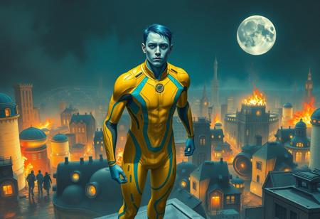 1boy, blue skinned, aged 30 (full body, facing camera, from below). Futuristic fashion, a golden yellow and teal  high tech bodysuit , it is form fitting with an open face design. the man has pale blue skin and is muscular and has an athletic  form , the hero is flying above a futuristic alien city that is very idyllic and made of numerous organic shaped buildings , Charcoal and colourful oil pastels. impressionistic bidimensional, standing on a rooftop looking down at a city under siege, fires, gunfights, people running. Parts of the city are on fire night time. Fires illuminate dark parts of the city. A building explodes in the background. Broken moon in the night sky.
faded watercolours Klimt  dadaistic collage by Bill Sienkiewicz, strikingly alluring face. brilliant spotlight effect. Vibrant thick dripping paint. Intense detail, realistic, dynamic shadows and contrasts. Deep rich colours contrast against the dull muted background.