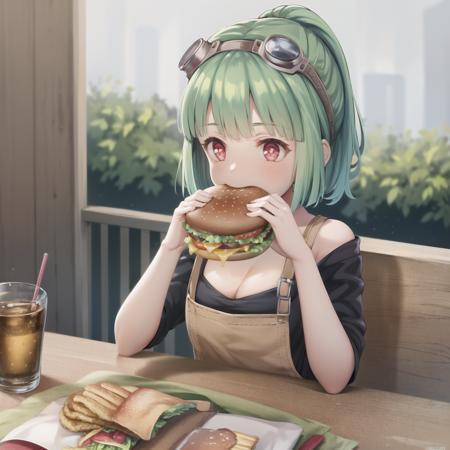 best quality, (masterpiece:1.2), illustration, absurdres,
(1girl, solo),  (beautiful detailed girl), ((upper body, portrait))
<lora:Mint-07:0.8>, Mint, green hair, red eyes, small breasts, thin, petite, goggles on forehead, goggles on hair,black vest, (brown apron:1.2), blue sneakers, green pants,(engineer, mechanic:1.1),tool belt, tool apron, eating hamburger, two-handed burger, holding a huge burger with both hands ,<lora:borger-nvwls-v4:0.8>,
happy, excited, 
inside fast food restaurant