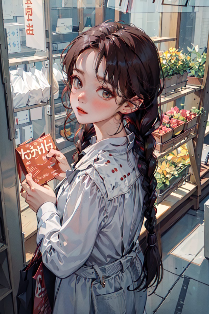 <lora:koreanPonytailLora_v10:1:NP>, kr-pny, twin braids, parted bangs, 1girl, A girl enjoys shopping while looking at the ...