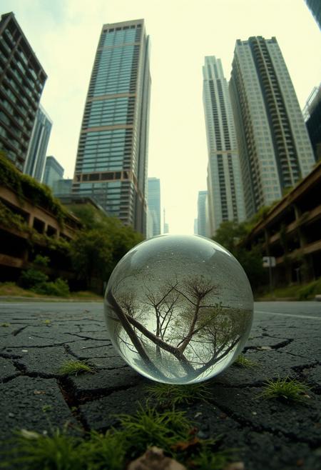 cinematic photo a post apocalyptic city,fallen skyscrapers, (windows are all broken:1.7), rusted rebar sticks from the fallen towers
everything is overgrown with moss and grass
trees are breaking through the cracked and broken tarmac of the roads, trees in the middle of the streets
worms eye view through a glass ball lying on the road, 35mm photograph, film, professional, 4k, highly detailed