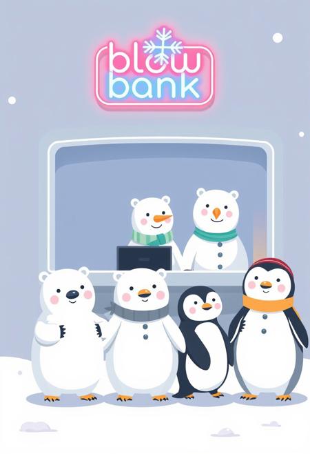 i11ustmin Illustration.
Polar bears and penguins, dressed in adorable miniature suits, are waiting patiently in line. The teller is a friendly snowman behind the counter. Above them, a neon sign reads "blow Bank" with a snowflake logo. The atmosphere is playful, with the animals displaying smiles and enjoying the snowy environment. <lora:minimalist_flat_illustration_nbm:1.0> <lora:schnell_v1.0:1.0><lora:798753124362995944:0>