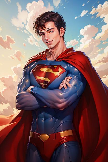 (masterpiece, best quality:1.2), <lyco:attire_superman-11:0.9>, cowboy shot, solo, male focus, 1boy, muscular male, smile, looking at viewer, crossed arms, supermansuit, blue bodysuit, cape, blue clouds, sky