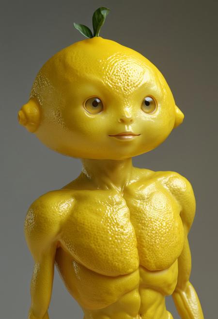 A lemon-inspired humanoid character, boasting a lemon-shaped head with typical facial features, possesses skin texture and color akin to a real lemon. Despite its citrus origin, its alluring, human-like body is considered sexually appealing, exuding enchanting, fantasy-like charm.