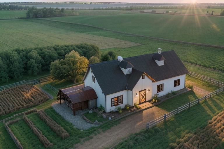 top view, farmstead with a large main home with a barn to one side , translucent, high quality photography, 3 point lighting, flash with softbox, 4k, Canon EOS R3, hdr, smooth, sharp focus, high resolution, award winning photo, 80mm, f2.8, bokeh, undefined