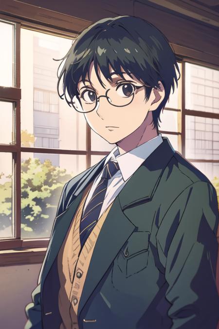 masterpiece, best quality, high quality, 1boy, solo, male focus, looking at viewer, upper body, <lora:takezou_kurata:0.72>, takezou_kurata, black hair, glasses, black eyes, , coat