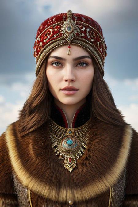 Turkish  steppe Warrior   girl  wear turkish fur caps , beatiful  face ,  ,symmetrical eyes, upperbody , 
ultra realistic 8k cg, picture-perfect face, perfect breast ,flawless, clean, masterpiece, professional artwork, famous artwork, cinematic lighting, cinematic ,  random hairstyle generate ,  generate random nationalty