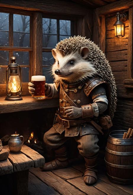 fantasy anthropomorphic a hedgehog warrior in dark tavern holding a pint of ale in a cozy environment with gas lamps rustic wood warm brick fireplace and frosted glass windows