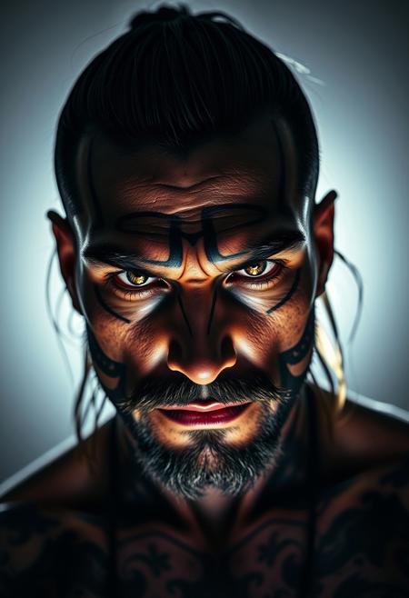 handsome cosmic god looking_at_viewer, fierce, martial tatoo, light glowing sparkling eyes, scary, nightmare, piercing gradient_background, 8k,highly detailed,digital photography,masterpiece,sidelighting, cowboy_shot, finely detailed beautiful eyes,hdr,realistic,high definition,
centered