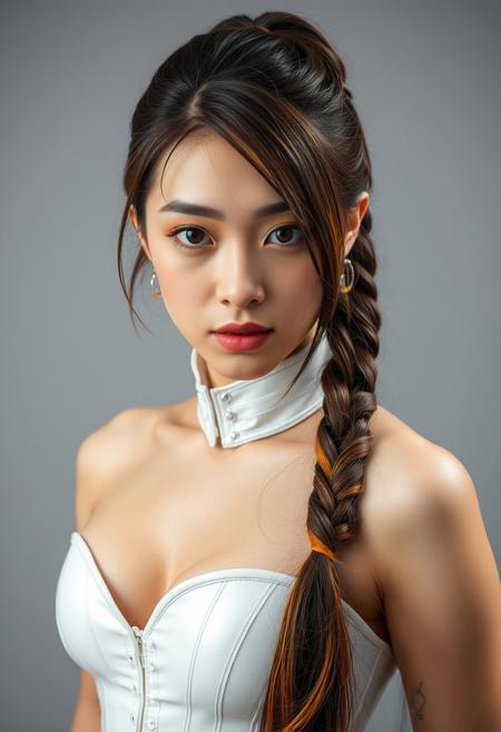 score_9, score_8_up, score_7_up, score_6_up, score_5_up, score_4_up, 1woman, , RAW photo, (freckles:0.8), long braided top ponytail, Brunette hair with orange tips, medium close-up shot front view, White  latex corset (busty 44d:1.5), extremely detailed, beautiful detailed neon orange speckled eyes, full lips, almond skin, neutral expression, neutral gray background, studio lighting , in the style of (kyuYong Eom:1.0)