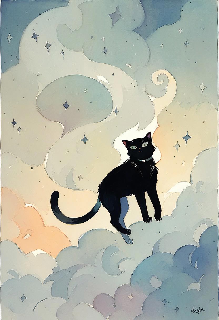 score_9, score_8_up, score_7_up, score_6_up, watercolor painting, aesthetic, a tiny black cat floating in space,black cat,((cat))