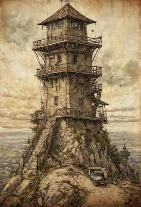 Epic high conceptual digital illustration, hyper realistic intricate artwork, creation of an image that is showcasing grand landscapes with historic watchtowers, emphasizing the guardianship over time, sharp focus, vintage atmospheric ambience, art on old paper, Oli and ink on canvas, dedicated watercolor, masterpiece painting, pen and pencil, deep sharpness, intricate detailing, award winning portrait by Kingshuk's craziness