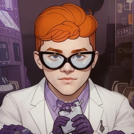 (masterpiece), (extremely intricate), photo of a boy scientist, orange hair, glasses, purple gloves, white closed lab-coat, working in a laboratory (perfect composition:1.4), aspect ratio 1:1, detailed face and body, award-winning photography, margins, detailed face, intricate, high detail, sharp focus, dramatic, 8k <lora:dextr95_V12:0.75>