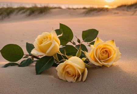yellow roses bloom on a dune covered with grass. Their delicate petals contrast with the severity of the sandy beach and the wildness of the ocean. The photo exudes peace and beauty of nature. Possible tags: sunset, 
sea, 
beach, 
roses, 
nature, 
landscape, 
romanticism, 
peace, 
vacation, 
travel.