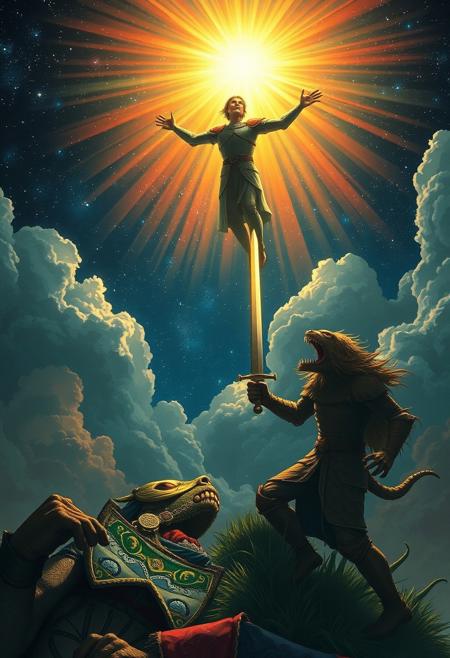 A radiant knight descends from the heavens, slaying a foolish monster with his sword. The earth rejoices, and the night sky bestows its blessings.