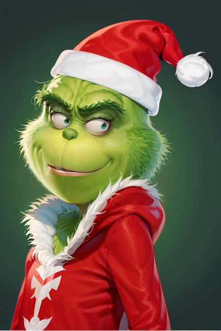 ((masterpiece,best quality)), absurdres,
<lora:Grinch_v2:0.8>, Grinch, 
Grinch_Classic, simple background, 1boy, hat, upper body, male focus, black background, christmas, santa hat, santa costume