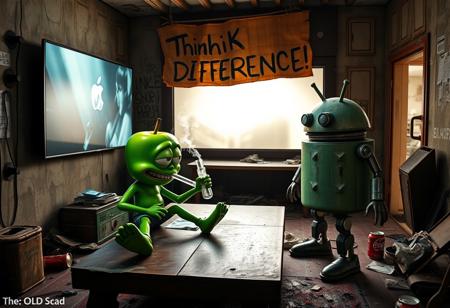 "In a grimy, dilapidated Florida crackhouse, a cartoonish green apple with exaggerated eyes and twisted limbs faces off against the iconic Android logo robot. The apple, seated on a stained coffee table, clutches a meth glass pipe, from which acrid smoke billows, filling the dank air.
The massive OLED TV mounted on the wall casts a harsh, flickering light, illuminating the disturbing scene. The TV plays an unnervingly vivid Apple commercial, its bright visuals creating sharp, unsettling shadows. The room’s walls are covered in grime and graffiti, with peeling wallpaper and broken fixtures. The floor is littered with trash, broken furniture, and empty cans.
The Android robot, with a rusted, dented exterior and malfunctioning eyes, stands in a defensive stance with twitching antennae. Above the TV, a warped cardboard sign with 'Think Different!' hangs crookedly. The sign’s jagged lettering is backlit by flickering LEDs, casting eerie shadows on the peeling walls.
The air is thick with mildew, decay, and the sharp smell of meth smoke. The green apple’s glossy skin and the Android’s grimy, rusted body are harshly illuminated by the flickering light, intensifying the bizarre and unsettling confrontation in this derelict, drug-ridden setting."