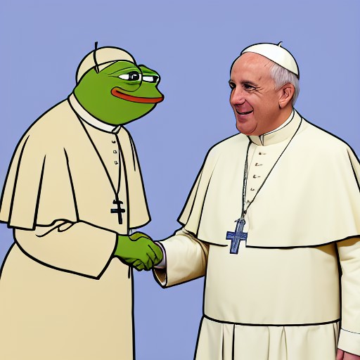 cartoon PepeFrog shaking hands with the pope <lora:PepeFrog:0.75>