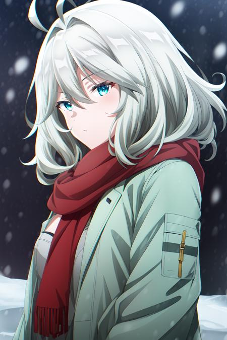 1girl, solo, medium hair, looking at viewer, bangs, hair between eyes, ahoge, grey hair, cyan eyes, winter, winter jacket, winter gloves, fur jacket, scarf, vera_rustamova