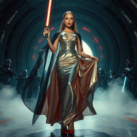 slender arrogant cold femme fatal russian princess wearing  rich  full skirt glossy silver foil  gown, small size opulent glossy red  high heels, ultrathin black transparent slime cloak, jewels, elegant small light saber in her right hand, lifting her skirts with left hand, posing standing, view from below,  evil grin, green eyes, lipstick, giant portal to outer space, fog from the floor, empire spaceship hangar, surrounded by halo odst troopers, TIE spaceships at the background, fashion look, hollywood, vogue makeup, porcelain skin, long haired, ultrathin waisym reminiscent of Lucas, Spielberg styles, with close-up glamour photography and dramatic lighting view from below,