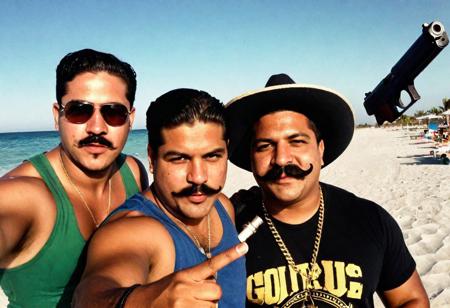 moody instagram photo of fat mexican Cartel guys taking a selfie, instagram selfie, making funny faces, on the beach, holding guns, big black mexican mustaches, tan skin, guns in the background, holding ak-47, kilos of cocaine in the background, perfect face, perfect eyes, perfect hands, pablo escobar, disposable camera, bright beach, iPhone 4 quality, 1987 camcorder quality, pov from above, iPhone flash, camera flash, grainy, low quality, motion blur