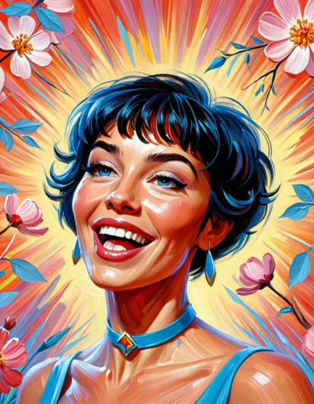 designed by Glen Keane, Brian Stelfreeze, close up of a Enchanted (ral-expptng:1.3) Hunting, biting her lip, Dancing and looking at camera, she has Trendy hair styled as Caesar cut, Braces, crowded blossoms, Happy, elegant, Primitivism, sharp, focussed, Kodak UltraMax 400, Depth of field 270mm, comic, magnificent, <lora:ral-expptng-sdxl:0.85>, epic composition, imposing, intricate artistic color, enhanced quality, complex