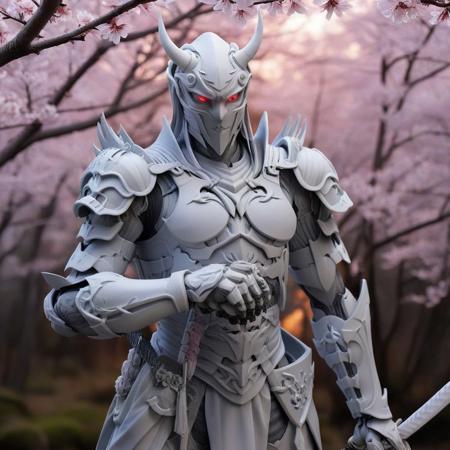 whitemold,3d printed mold,art style,greyscale,monochrome, masterpiece,(best quality), official art,extremely detailed cg 8k wallpaper, ((crystalstexture skin)),(extremely delicate and beautiful),highly detailed, WhiteMold, art style, 3d printed mold, A realistic Samurai holding a sword made of 3d printed mold, solo, armor made of 3d printed mold, 1boy, male focus, holding, dual wielding, samurai, helmet made of 3d printed mold, katana made of 3d printed mold, horns, holding weapon, japanese armor made of 3d printed mold, holding sword, light pink skin, red eyes, full body, fighting stance, Tokio background, tokio, Sakura tree, cherry blossom tree, tree made of 3d printed mold, glowing, glowing eyes, sheath, standing, gloves, teeth, japanese clothes, white hair, shoulder armor, demon, looking at viewer, mask made of 3d printed mold, ponytail, fangs, sharp teeth, 3d printed mold shape armor