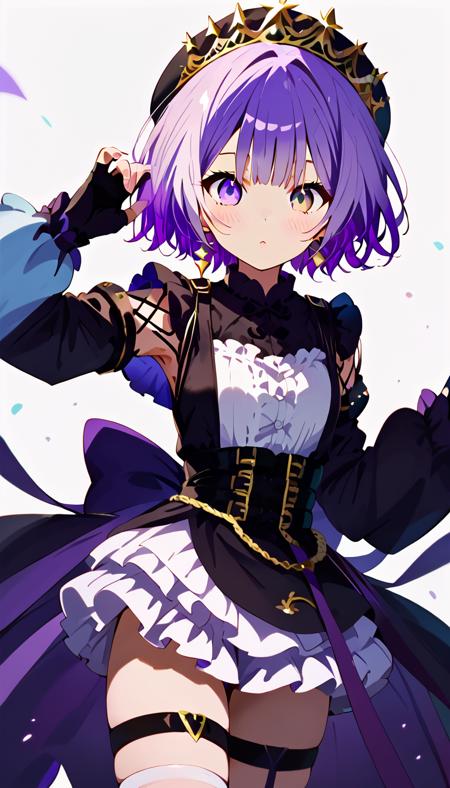 1girl,short hair,purple eyes, purple hair,black dress,dress,long sleeves,bangs,black headwear,hat,heterochromia,white thighhighs,multicolored hair,thigh strap,detached sleeves,gloves,jewelry,black gloves,earrings,fingerless gloves,frills,puffy long sleeves,beret,black footwear,crown,gradient hair,