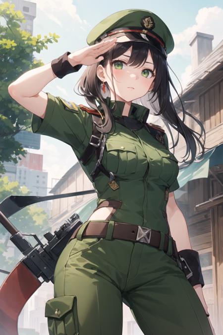 1girl, military uniform, pants, long hair, short sleeves, salute, arm behind back, standing, war, solder, outdoors, green eyes, expressionless,