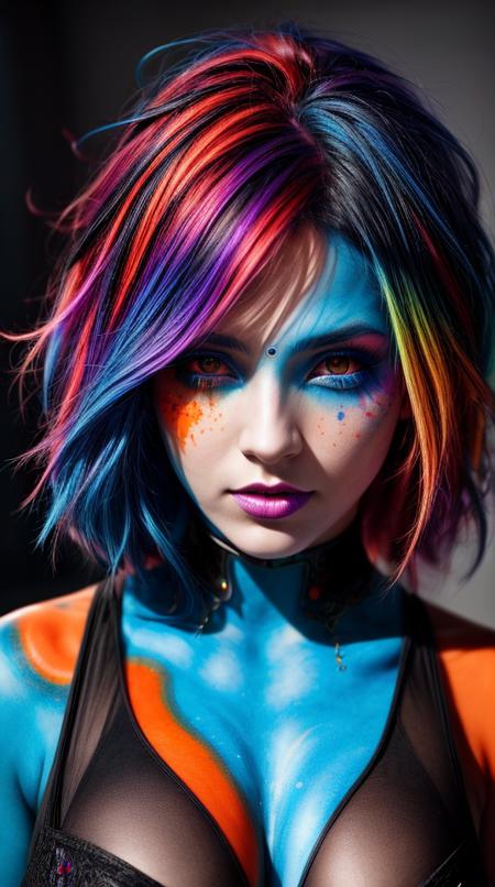 (a freecss looking at you soul:1.2) of a woman with colorful hair, fantasy game spell icon, splashes of liquid, computer game art, hyperdetailed colourful, fantasy colours, avatar image, strong blue and orange colors, beautiful avatar pictures, body painted with black fluid, digital art h 9 6 0, rich colourful, miamelano