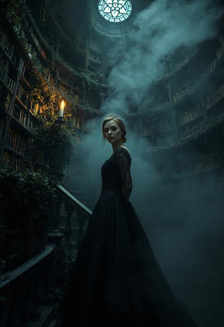 A hauntingly beautiful scene unfolds in a crumbling, ivy-covered library nestled within a forgotten gothic estate. A woman in a flowing black lace gown, adorned with a delicate crown of silver and obsidian, stands at the center of a vast, circular staircase. The air is thick with swirling mist, obscuring the towering bookshelves and ancient manuscripts that line the walls. A single, flickering candlelight casts long, jagged shadows across her face, highlighting her sharp, angular features and the deep, smoky makeup that accentuates her eyes. Her gown, layered with intricate embroidery, billows slightly as if caught in an unseen breeze, while the faint glow of a stained-glass window above bathes her in a ghostly blue hue. The atmosphere is charged with eerie tension, blending Victorian elegance with a sense of impending dread. Inspired by the surrealism of H.R. Giger and the atmospheric storytelling of Tim Burton, this image captures the duality of beauty and decay, with hyper-detailed textures, 8k resolution, and cinematic lighting that emphasizes the interplay of light and shadow.