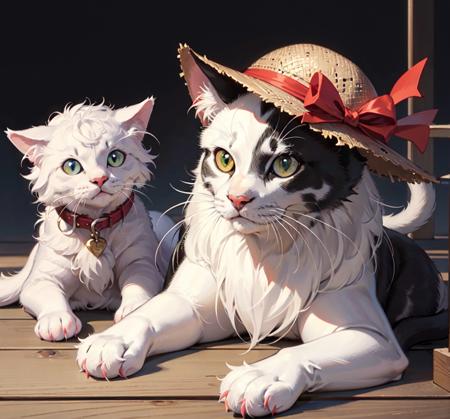 official art, unity 8k wallpaper, ultra detailed, beautiful and aesthetic, High quality, beautiful, masterpiece, best quality, (zentangle, mandala, tangle, entangle:0.6), a cute cat wearing a hat next to a dog, dog and cat