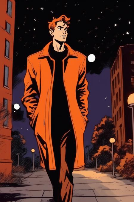 <lora:Will Eisner Style:1>Will Eisner Style - Marvel comic book style, Will Eisner, orange and black colour, retro-future, optimistic, adventurous vibe, a young man can not fall a sleep in night having a imnsonia, having a walk in a city park at night