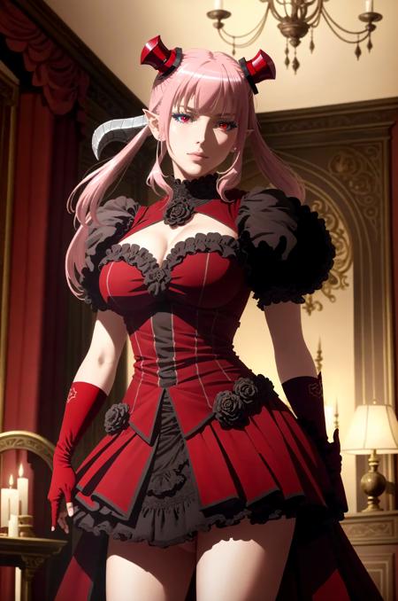 ((masterpiece)), ((best quality)), ((detailed)), (realistic), astaroth, red eyes, twintails, tail,  astarothdress, striped thighighs, fingerless gloves, dark background, medieval castle interior, dark ambience, dramatic lighting, <lora:Astaroth:0.75>