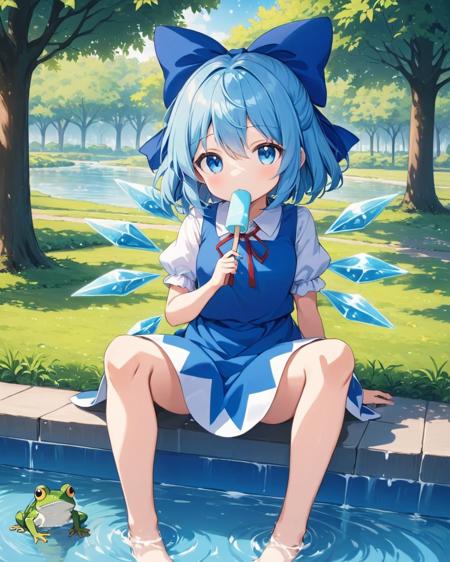 cirno, sitting, ice_wings, soaking_feet, popsicle, hair_bow, blue_dress, 1girl, frog, water, puffy_short_sleeves, blue_bow, looking_at_viewer, eating, ribbon, outdoors, ice_cream, tree, solo_focus, solo, day
<lora:cirno_image8906_2023-12-11-000005:1>,star-shaped_pupils,symbol-shaped_pupils,. gorgeous,key visual, vibrant, studio anime,award-winning, professional, highly detailed,high budget, cinemascope