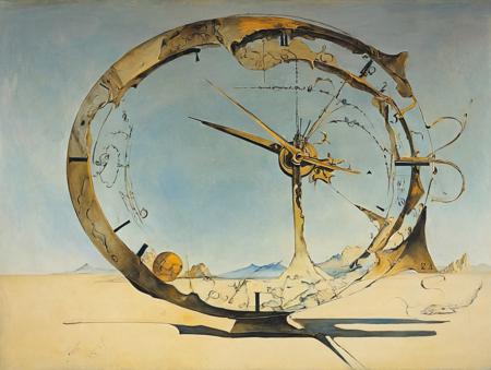 Surrealism, a painting of a clock, art by Salvador Dali, expressive, dramatic, organic lines and forms, dreamlike, mysterious, Surrealism