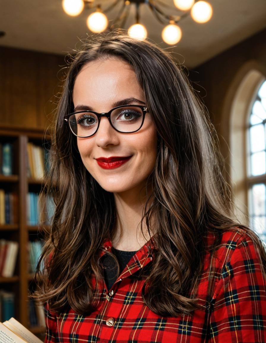 <lora:m1r4mur4t1_Pony_SGX:0.9>,a (close up) photograph of(beautiful 25 year old) (m1r4mur4t1:1.2) woman with dark hair,as a librarian,wearing a red plaid dress and glasses,standing in a (library at Oxford University:1.3),holding an leather bound book,with long rows of bookshelves in the background,multi-level with (high arched ceiling:1.2),(smile),dark lips,makeup and mascara, face focus,(bokeh),facing viewer,score_9,score_8_up,source_photo,rich details,clear shadows and highlights,realistic,intense,highly detailed,front view,face_focus,looking_at_viewer,