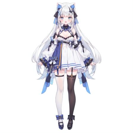 vtuber live2d, vtuber, vtuber live2d, vtuber, white background, simple background, looking at viewer, standing, 1girl, solo, thighhighs, virtual youtuber, breasts, full body, detached sleeves, long hair, open mouth, dress, hair ornament,