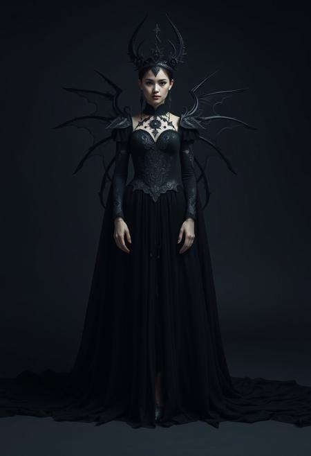Medium shot, Symmetrical front view of a dark princess, standing pose, in the style of infernal fasion, otherworldly beauty, infernalpunk, queencore, ornamented age aesthetics, coal and black, photography studio style