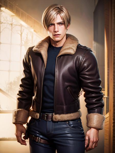 1boy, cowboy shot of re4leon, leather jacket with fur trim,  long sleeves, black jeans, volumetric lighting, athletic, best quality, masterpiece, intricate details, tonemapping, sharp focus, hyper detailed, trending on Artstation, looking at viewer, realistic <lora:sxz-leon:0.6>