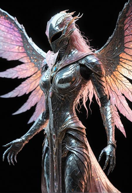 The Glimmerwraith is a mystical creature with iridescent scales that shift between soft pinks, shimmering silvers, and radiant golds (soft pink, shimmering silver, radiant gold). The camera angle is overhead, showcasing its ethereal wingspan.  Drawing style: Watercolor, Digital, Realistic, combined in a mesmerizing mix of textures and colors.  Shot in stunning 4K, the Glimmerwraith glows with an otherworldly light, its scales rippling like the surface of a moonlit lake.