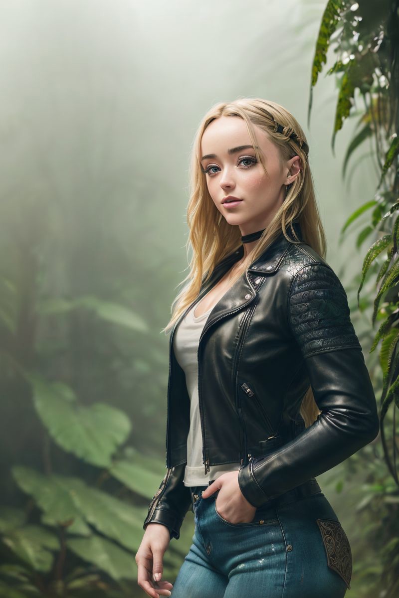 photo of S122_MariaKazi, a beautiful woman, in a (misty-jungle:1.2), wearing a (leather-jacket:1.2) and jeans, (foggy:1.2)...