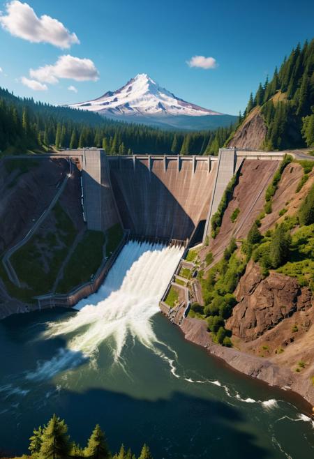 extremely detailed, landscape of a dam, lake ,in ravine, sunny weather, some cloud, unreal engine 5, perfect composition, vibrant, rtx, hbao, sharp, expanded view, dam view, pnw, (mount hood) (cougar-Reservoir)
