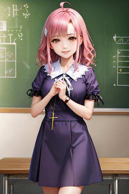 (masterpiece, best quality:1.2), <lyco:school-live_sakura-12:1.0>, cowboy shot, solo, 1girl, sakura megumi, smile, looking at viewer, own hands together, ahoge, hairclip, purple dress, short sleeves, jewelry, cross necklace, classroom