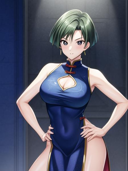 Lulu_Lulu_Lulu,short hair, green hair,black eyes, chinese clothes, pelvic curtain,blue dress, 