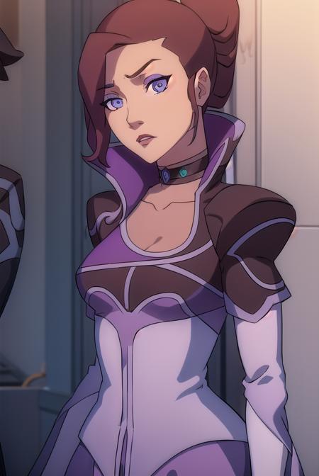 delilah briarwood, (purple eyes:1.1), brown hair, hair bun, makeup, single hair bun, lipstick, gloves, choker, puffy sleeves, juliet sleeves, high collar, elbow gloves,