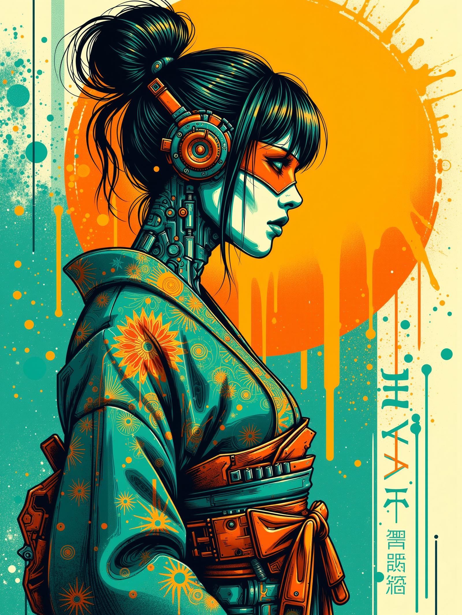 (sign reading "SPLASH ART":1.3) , mad-cbrpnksplshrt cyberpunk woman wearing a futuristic kimono in front of stylized sun, cybernetic implants, paint splashes, outrun, teal and yellow background,<lora:Neon_Cyberpunk_Splash_Art_FLUX:0.6>