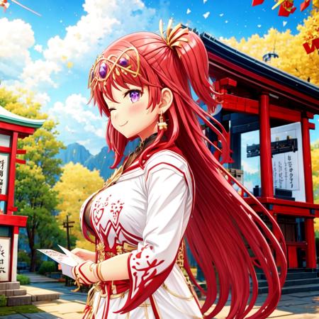 (outdoors, shrine, holding a paper talisman:1.4), (portrait, upper body:1.4), masterpiece, best quality, higres, Ashiya_(senran_kagura), smile, one eye is closed, blush, upper_body, long hair, gloves, ribbon, jewelry, purple eyes, hair ribbon, red hair, earrings, boots, white gloves, white thighhighs, two side up, thigh boots, tiara, (side view:1.2), looking at viewer,    <lora:Ashiya4_Lora:1>