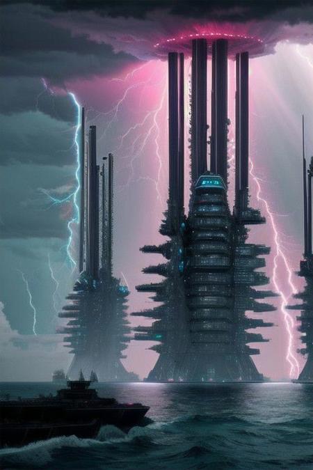 ruins of a futuristic oil rig on the sea, (rain), (lightning), (storm) windy, starships, spooky, epic stormy sky, god rays, (dense ground fog )