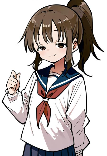 Takagawa Sumire,high ponytail,brown hair,bangs,sidelocks,brown eyes,half-closed eyes,closed mouth school_uniform,blue sailor,red_neckerchief,white_shirt,long_sleeves